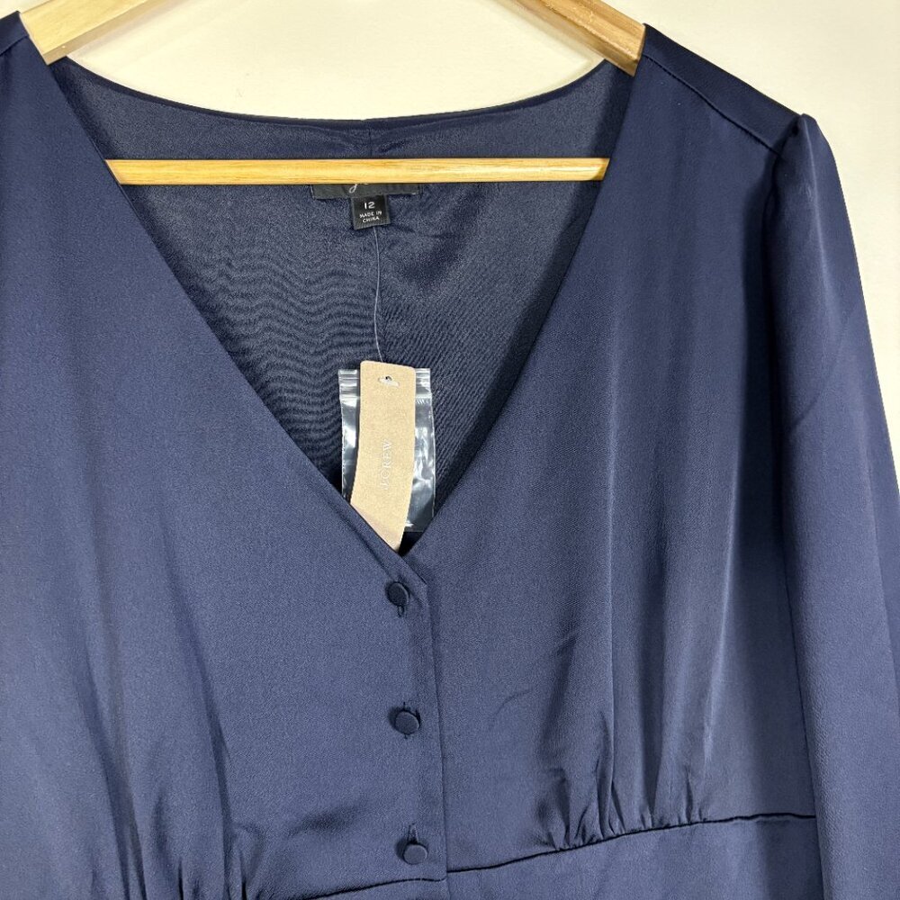 J Crew Satin Navy Long Sleeve Midi Dress Button Down Holiday Elegant - Picture 4 of 12